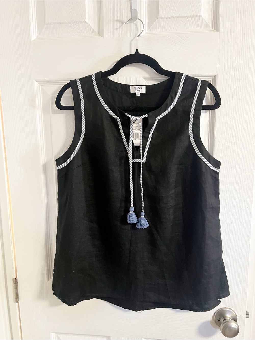 crown & ivy Linen Black Sleeveless Tassel-Trim Blouse M NWT